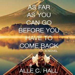 A square cover with a beautiful image of a teenage girl with her back to us wearing a backpack and rowing a boat across a lake approaching a giant mountain