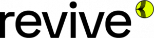 ReviveHealth logo featuring the word “Revive” in bold black lowercase letters, followed by a bright yellow-green circular icon with two dark leaf-like shapes forming a stylized “H”.