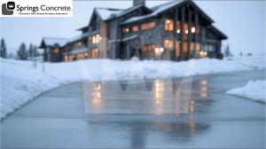 Heated Concrete Driveway at a Colorado Alpine Ski Home. The snow melt system has melted all the snow and the driveway is dry.