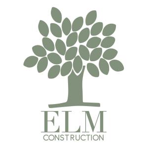 ELM Construction Logo, a digital graphic of a dark green tree with the business name written below.