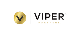 Viper Partners logo featuring a gold circle with a stylized 'V' and bold black and gold text