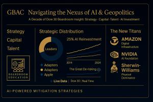 High-resolution hero image of GBAC’s boardroom intelligence dashboard, featuring strategic segmentation charts, AI investment metrics, and interactive benchmarking modules across Dow 30 companies.