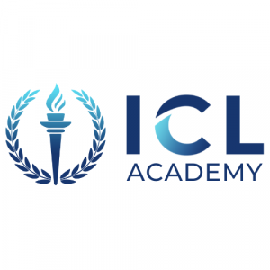 The ICL Academy logo with a blue laurel wreath surrounding a blue Olympic torch and the words ICL Academy in blue.