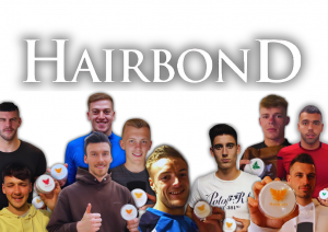 A group of professional footballers holding Hairbond hair styling products, with the Hairbond logo above them. Each player is smiling or posing proudly, showcasing various Hairbond products including Shaper Toffee and Distorter Clay.