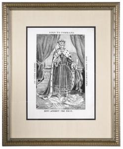 “King Andrew the First” Anti-Jackson Cartoon (1832)  A biting satire of President Andrew Jackson who, with the spoils system, replaced Washington’s “justice and the public good” ethic for choosing federal officers.  This rare mezzotint shows Jackson crown