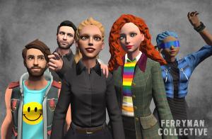 Group of five VR avatars representing Ferryman Collective co-founders Stephen Butchko, Christopher Lane Davis, Whitton Frank, Deirdre V. Lyons, and company associate Tanvi Agrawal standing together in a virtual world inside VRChat.