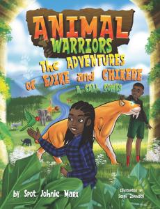 Book cover of Animal Warriors: The Adventures of Ejike and Chikere – A Call Comes by Spot Johnie Marx, featuring two Black twin siblings in a lush jungle with a tiger in the background.