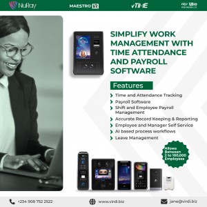 Biometric time attendance and payroll management system by Virdi Nigeria for efficient workforce tracking.