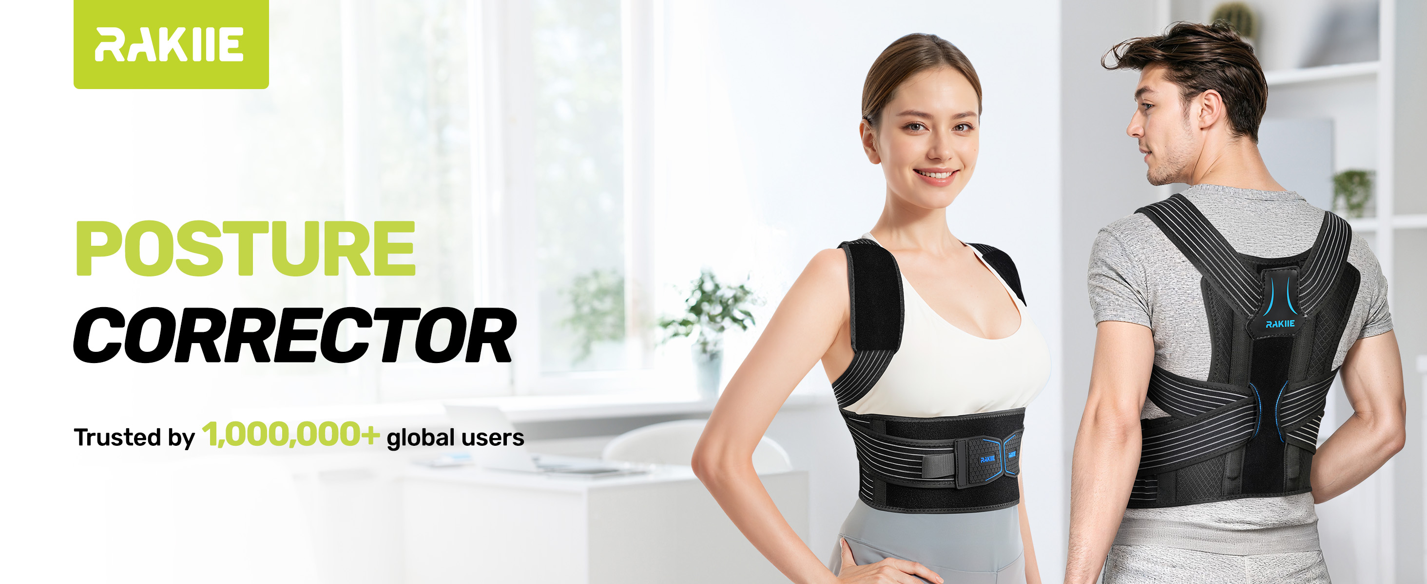 A before-and-after comparison of a woman using the Rakiie posture corrector, highlighting improved shoulder and neck alignment. The device helps correct poor posture and relieve shoulder and upper back discomfort.