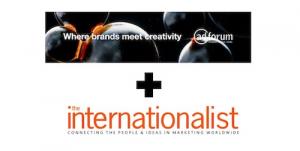 AdForum's message set on a black and orange image + The Internationalist's logo, signifying a new partnership