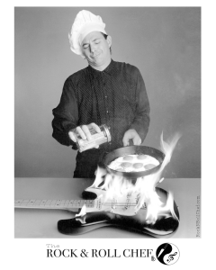 The Rock & Roll Chef®️ Marty Larkin, Creator/Owner of The Rock & Roll Kitchen®️. Fun photo shows the Chef cooking eggs over a burning Stratocaster.