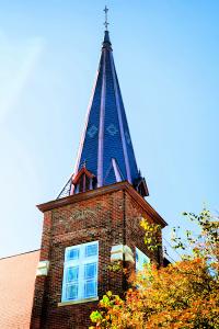Gothic revival slate steeple from 1900 fully restored with natural slate and copper