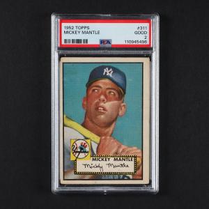 1952 Topps #311 Mickey Mantle “holy grail” baseball card, graded 2 Good from PSA for its excellent surface and strong edges, a must-have for serious sports card collectors. (CA$59,000)