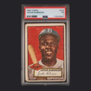 1952 Topps #312 Jackie Robinson baseball card, graded PSA 1 PR, from Topps’ fabled 1952 6th series, #311 Mickey Mantle to #407, considered the rarest series of the 407-card set. (CA$5,900)
