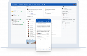Screenshot of the corporate portal showing the desktop with news, polls, list of popular posts and activity statistics, as well as the mobile version with chat and discussions.