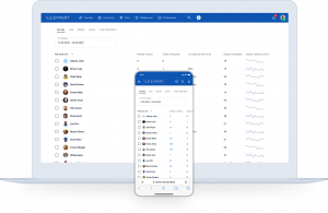 Screenshot of a laptop and smartphone screen with the open section of user activity analytics in the corporate portal: lists of employees, number of publications, requests and activity graphs for a selected period are displayed.