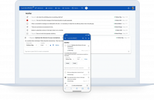 Screenshot of a laptop and smartphone with the Notifier section of the corporate portal open, showing the list of tasks, comments, responsible employees and due dates in the web and mobile versions.