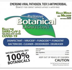 A product label for PreVasive Botanical Disinfectant featuring a green and blue leaf-shaped logo with bold text stating “100% Botanicals” and “Kills the SARS-CoV-2 Virus.” The label includes descriptors such as disinfectant, virucide, fungicide, cleaner, 