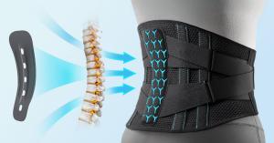 Close-up view of the Rakiie back brace showing central support strips designed to align with the spine. The structure enhances lower back stability and provides comfortable, professional-grade support throughout daily activities.
