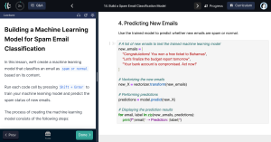 Screenshot of an AI course lesson on building a spam email classification model