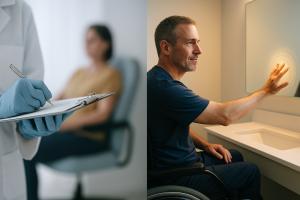 Split-screen image showing two scenes. On the left, a gloved clinician takes notes on a clipboard in a clinical setting with a blurred patient in the background, suggesting active medical evaluation. On the right, a middle-aged man in a wheelchair confide