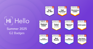 HiHello’s set of G2 Summer 2025 badges across 24 awards and 67 reports