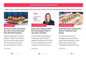Screenshot of ChiseNews.com Franchise Pulse section showing the three categories. Each has a photo, article title and text.