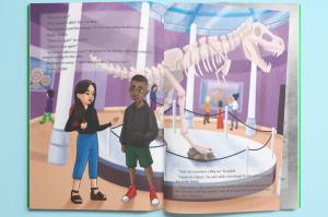 Illustrated children’s book scene featuring a Black boy and Latina girl talking in a dinosaur museum, from Animal Warriors: The Adventures of Ejike and Chikere by Spot Johnie Marx.