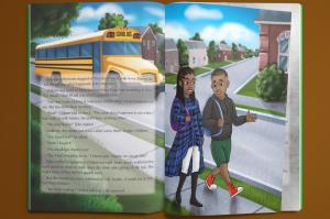 Illustration of twin siblings Ejike and Chikere walking home from the school bus, as they discuss a mysterious voice heard during a museum trip in Animal Warriors: The Adventures of Ejike and Chikere.
