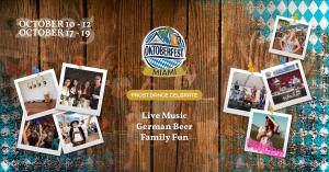 Oktoberfest Miami 2025 banner featuring traditional Bavarian elements with palm trees, beer steins, and festive crowd celebrating in Miami.