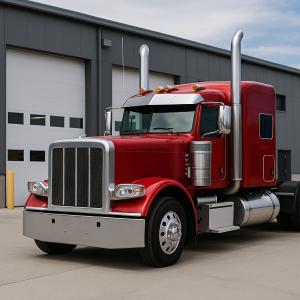 Red American semi-truck receiving maintenance service at a commercial repair facility, symbolizing the nationwide reach of NTTRDirectory.com’s repair shop listings.