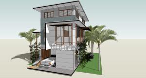 3D architectural rendering of the Grantham Flood-Proof House by dion seminara architecture, featuring an elevated structure with undercroft parking, flood-resilient design elements, and tropical landscaping for climate adaptation.
