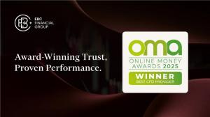 Award badge for "Best CFD Provider" at the 2025 Online Money Awards, recognising EBC’s excellence in client-focused CFD trading.  – EBC