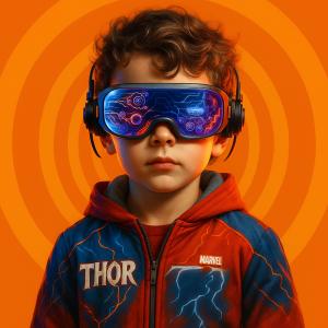 Young boy wearing a Thor-branded Marvel jacket and futuristic AI goggles, standing against an orange background with digital concentric circles. Represents Gen Alpha’s immersive relationship with technology and the evolution of brand interaction.