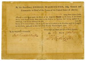 Lot 127 is a Revolutionary War discharge certificate for a member of the Corps of Invalids dated September 1, 1783, signed by George Washington, Commander-in-Chief of the Continental Army. Estimate: $18,000-$24,000.