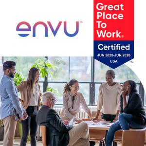 A diverse group of colleagues gathered around a table in a bright, modern office space, smiling and collaborating. The image includes the Envu logo and a “Great Place to Work® Certified: JUN 2025–JUN 2026 USA” badge.