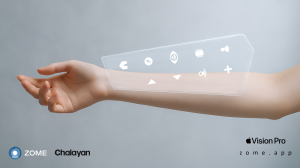 The interface extends seamlessly from the user’s body — blending technology, design, and spatial interaction into a single, intuitive gesture system.