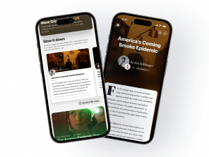 Two iPhones show stories from The Atlantic on the Particle news app