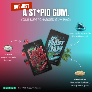 Image of two Jawfull gum packs—Jawberry (Berry Burst flavor) and Frost Jaw (Spearmint)—with ingredient callouts for xylitol, nano hydroxyapatite, and mastic gum. Background fades from pink to blue with bold text saying “Not Just a St*pid Gum Your Supercharged Gum Pack.”