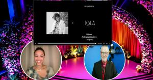 Kala Riggins announced as winner of the Podcast Interviews category at the Helen Keller Award virtual ceremony, with hosts visible on screen.