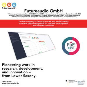 Futureaudio GmbH with the official BSFZ Seal 2025 – awarded for research and innovation in the music and media industry.
