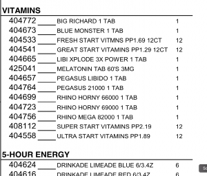 This is a page from Kennedy Wholesale's order book showing the illicit male enhancement products listed as "vitamins".