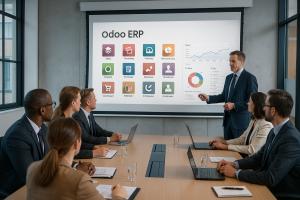 A team of professionals in a corporate meeting room analyzing Odoo ERP dashboards, representing SDLC CORP as a leading Odoo development company.