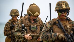 U.S. Marines with 1st Battalion, 3rd Marine Regiment, use a Marine Common Handheld tablet for the ARES app during exercise Island Marauder on Marine Corps Base Hawaii, Kaneohe Bay (USMC photo).