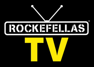 Black and yellow Rockefellas TV logo featuring drumsticks in an "X" above bold text, representing a music and entertainment network.