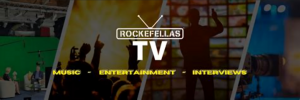 Banner featuring the Rockefellas TV logo overlaid on scenes of a green screen studio, live concert crowd, video wall, and camera setup — representing the network’s focus on music, entertainment, and interviews.