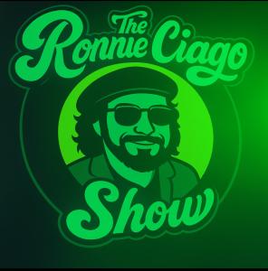 Stylized green logo for The Ronnie Ciago Show featuring a cartoon portrait of Ronnie wearing sunglasses and a cap, surrounded by bold script text.
