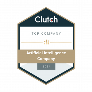 Clutch Top Company badge for Artificial Intelligence Company 2024 - hexagonal award emblem with Clutch logo, three gold stars, and year 2024