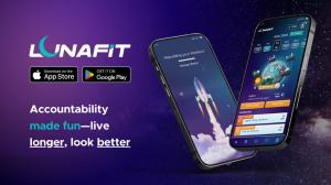 A graphic image with iPhones displaying the LunaFit App's epic gamified fitness program. "Accountability Made Fun- live longer, look better. Available now in the App Store and Google Play.