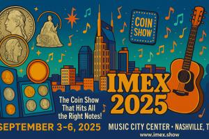 Postcard showing Nashville and IMEX coin show